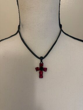 Cookie Lee Black Cord Necklace with Red Crystal Cross Pendant